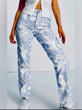 ASOS DESIGN Dragon Print Jeans 28x32 Blue Cream Y2K Straight Leg RARE NWOT